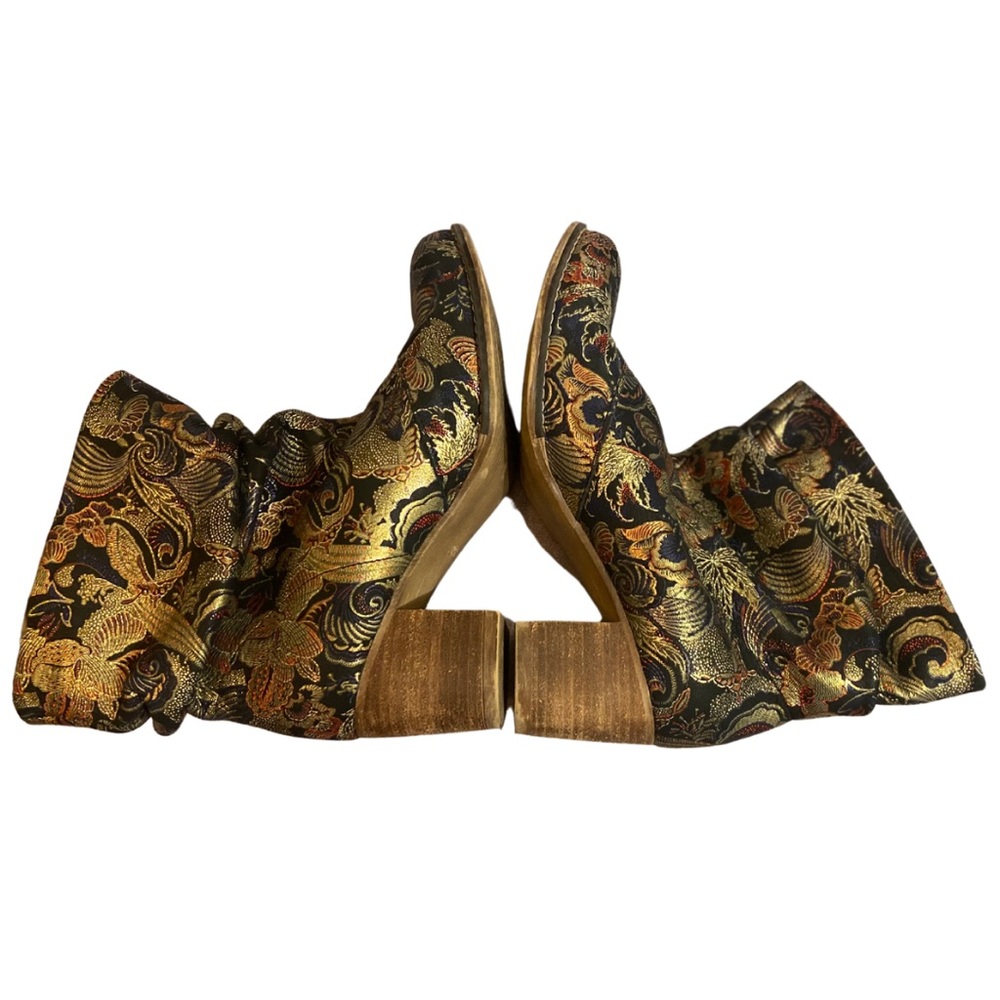 ZAPATO Gold Metallic floral embroidery Stacked Heel Leather Ankle Boots 7.5
